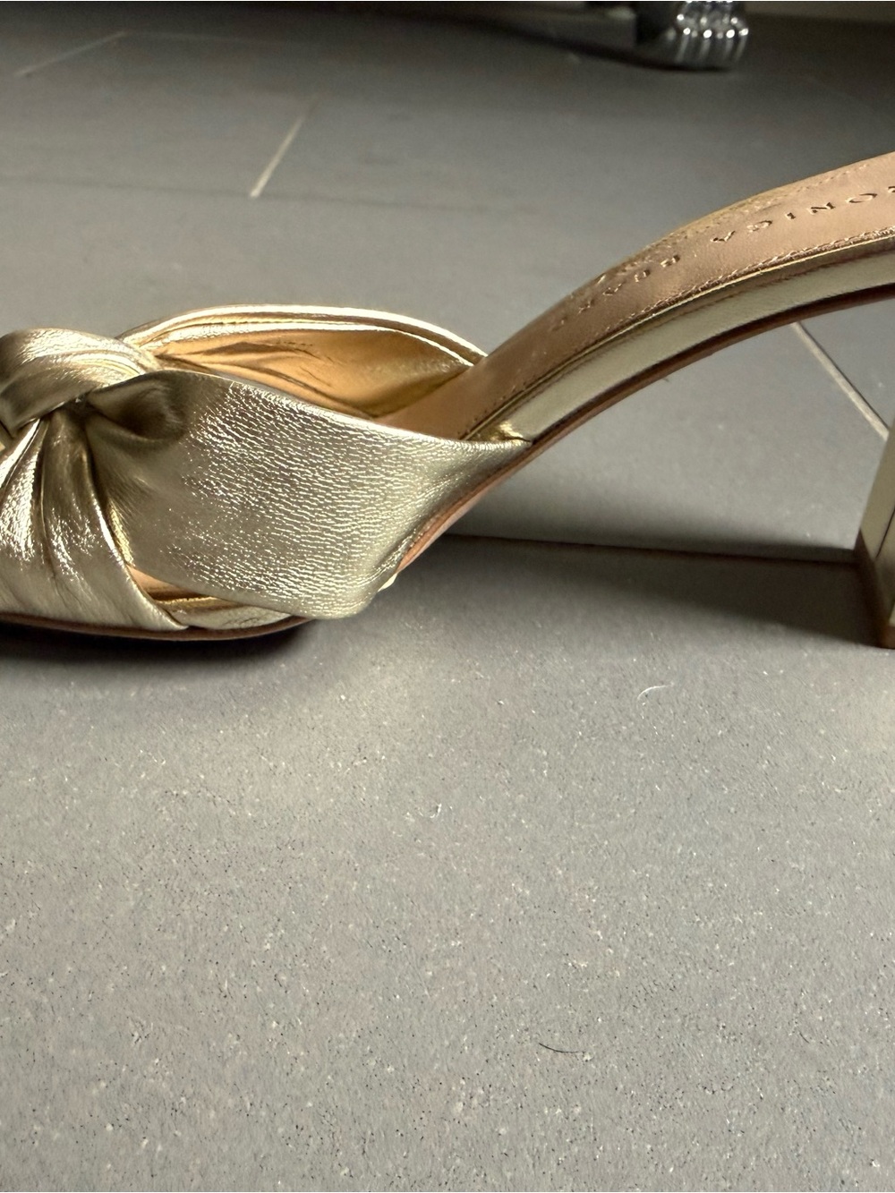 Veronica Beard Metallic Gold Knot Block Heel Sandal